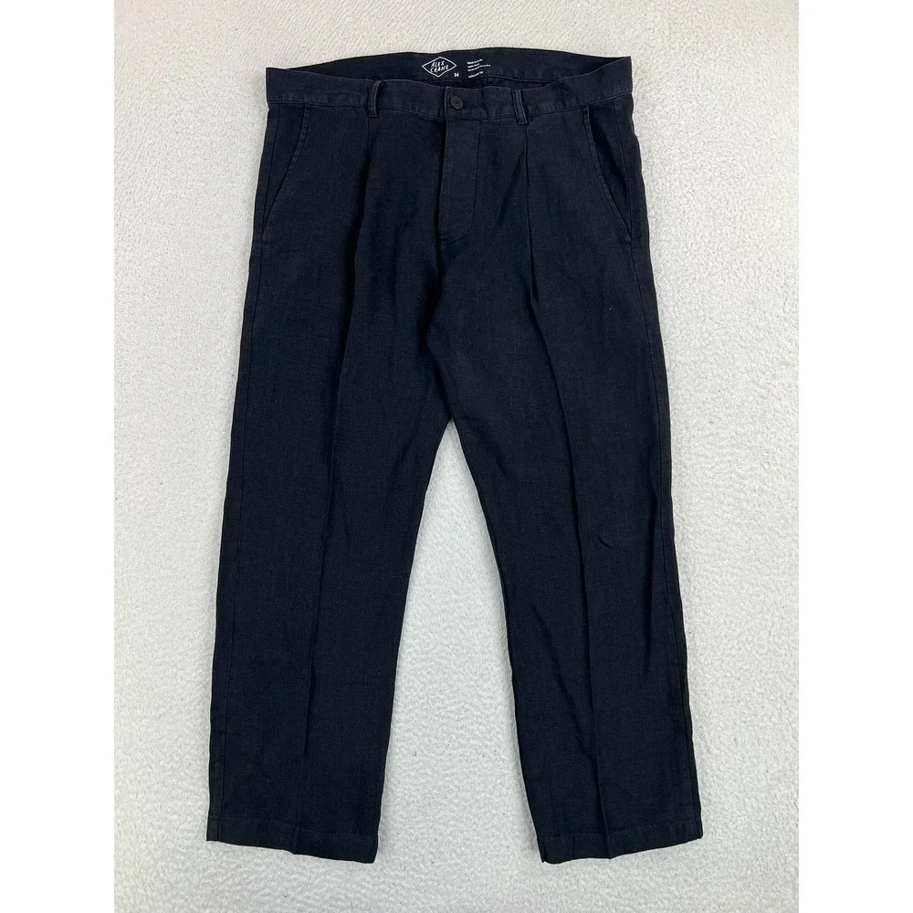 Alex Crane Pants Mens 34x28 Black Regular Fit 100% Linen Pleated Chino Casual